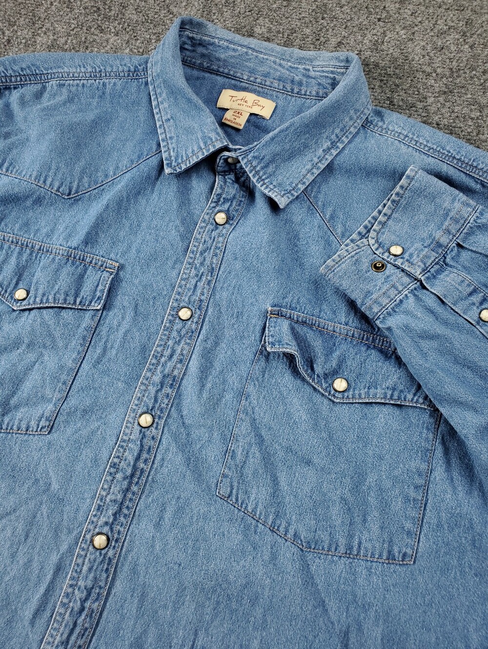 Turtle Bay Denim Western Shirt 2XL Pearl Snap Button Up Light Wash Blue Jean